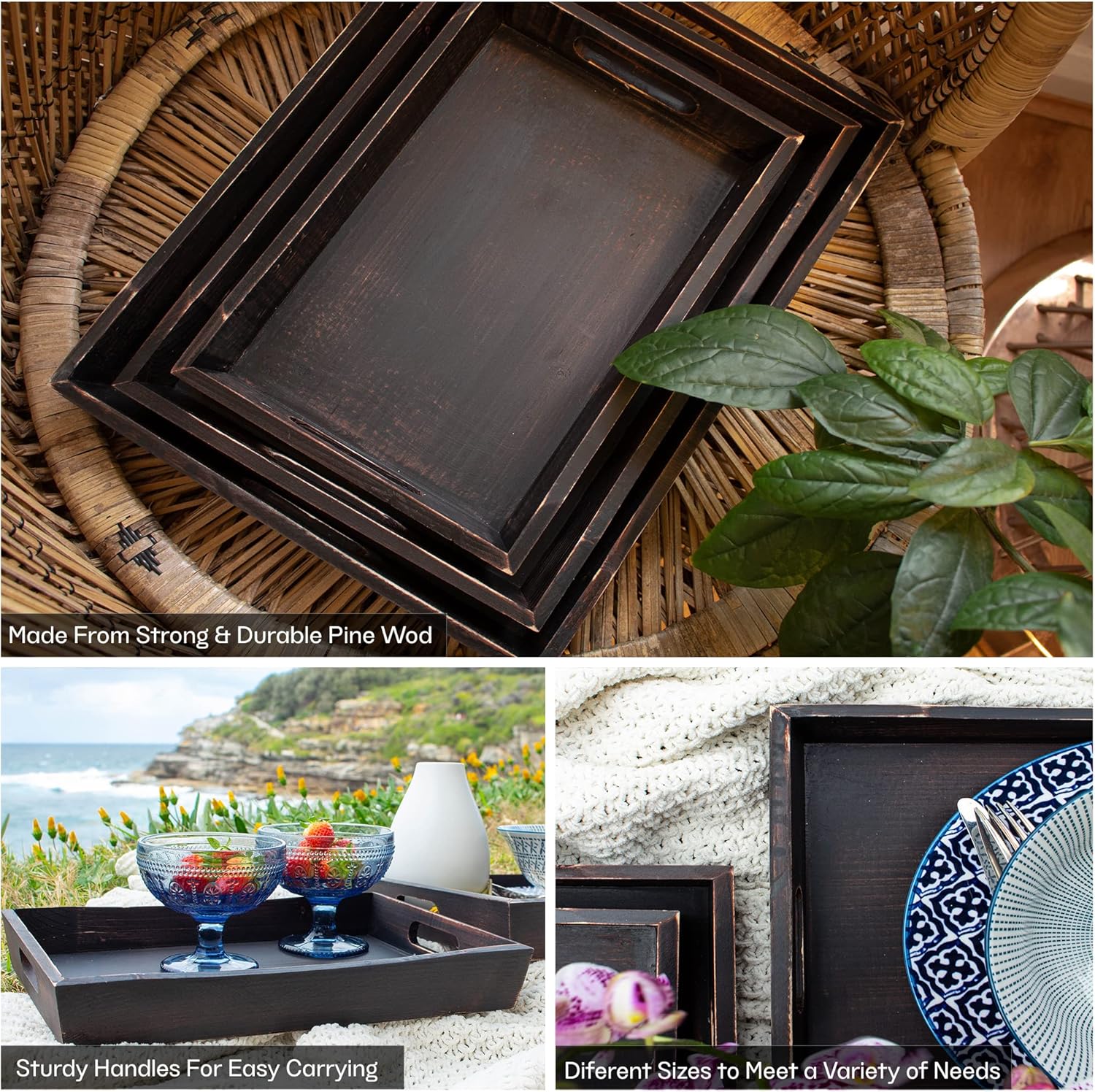 Wooden Serving Trays, Wooden Trays Set of 3 Dark Brown, Wooden Trays with Handles - Wood Serving Tray, Coffee Table Tray - Wooden Trays For Decor, Ottoman Trays - Farmhouse Trays, Wood Tray